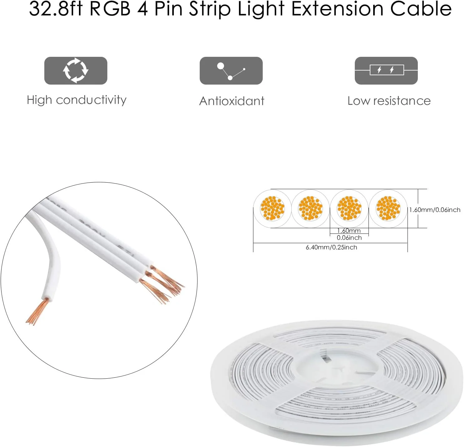 سیم کابل نوار چراغ ال ای دی 4 پین RGBZONE، 10 متری، سیم برق ال ای دی گیج 22، سیم کابل افزایش دهنده رسانا برای نوار ال ای دی RGB 5050 3528، پلاستیک پی وی سی انعطاف پذیر (سفید)
