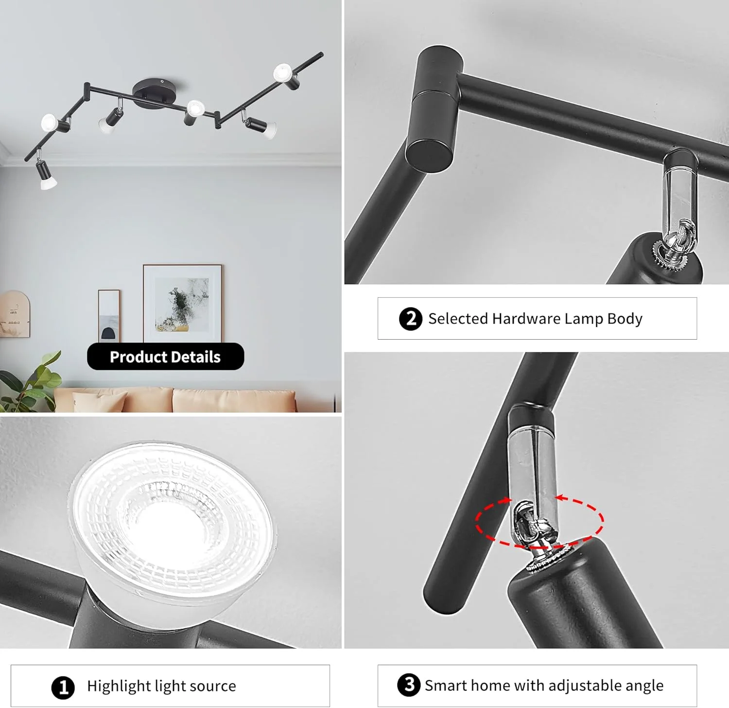 چراغ سقفی مدرن مشکی 6-شاخه Qcyuui، کیت چراغ ریلی LED با سر چراغ قابل تنظیم، چراغ های نقطه ای سقفی نصب شده برای اتاق غذاخوری، آشپزخانه، اتاق خواب (شامل 6 عدد لامپ GU10)