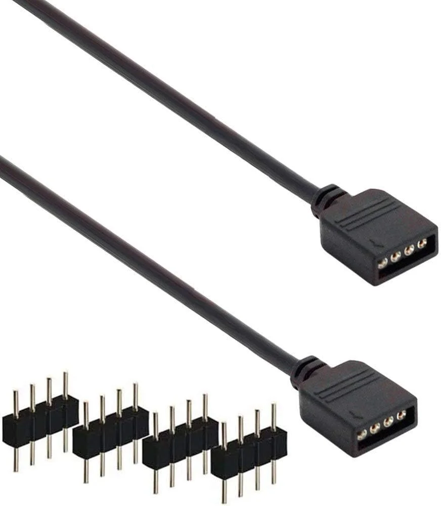 آر جی بی زون، بسته 2 عددی کابل تقسیم کننده ال ای دی 4 پین مشکی، اتصال دهنده نوار، تقسیم کننده 2 راهه Y برای 1 به 2 نوار چراغ ال ای دی RGB 5050 3528 به همراه 6 عدد پلاگین 4 پین نر