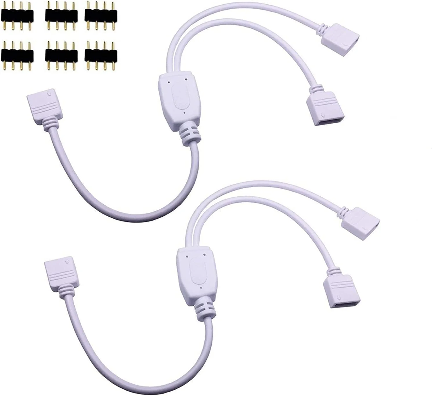 کابل اتصال دهنده تقسیم کننده LED RGB از نوع 4 پین ماده به 2 ماده، بسته 2 عددی به همراه 6 عدد پلاگین 4 پین نر رایگان برای اتصال یک نوار نوری LED RGB 5050 3528 به دو نوار (30 سانتی متر)