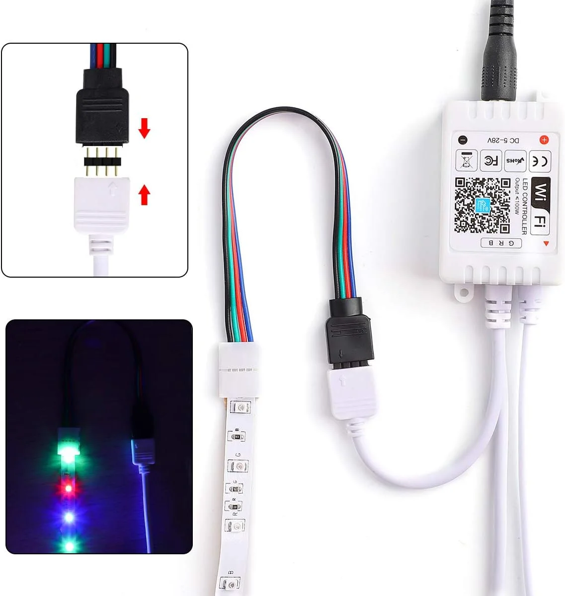 اتصال دهنده نوار LED سوپر نایت 4 پین - کیت اتصال دهنده چراغ های نواری RGB 3528 2835 8 میلی متری، گیره بدون لحیم کاری بدون فاصله، کابل سیم удлинительный 10 متری، PCB شکل L (برای نوار با عرض 8 میلی متر)