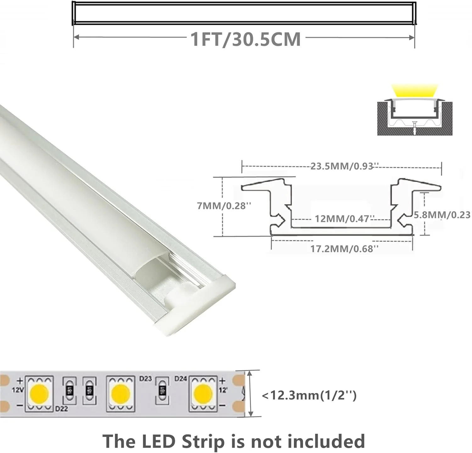 پک 6 عددی کانال دیفیوزر نوار LED توکار 1 فوت، ریل آلومینیومی 23.5X7 میلیمتری با لبه، مناسب کمد لباس، قفسه کتاب، کابینت شراب، شیار مبلمان چوبی، کم حجم یکپارچه با نوار چسب دو طرفه پک 6 عددی کانال دیفیوزر نوار LED توکار 1 فوت، ریل آلومینیومی 23.5X7 میلیمتری با لبه، مناسب کمد لباس، قفسه کتاب، کابینت شراب، شیار مبلمان چوبی، کم حجم یکپارچه با نوار چسب دو طرفه