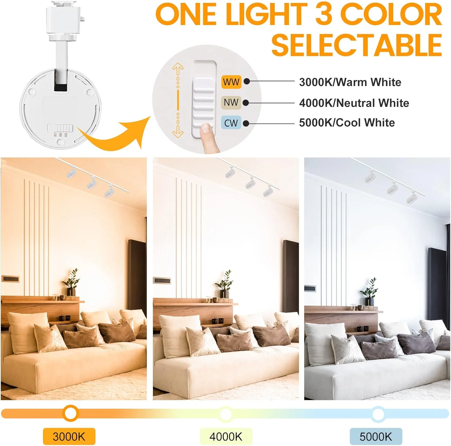 چراغ ریلی سه رنگ VANoopee نوع J، هد 20 وات برای ریل Juno - چراغ های ریلی LED روشن و دیمر پذیر 3000K 4000K 5000K، نورافکن سقفی برای نورپردازی تاکیدی، بدون سوسو، CRI90+ 36° 2000lm سفید، بسته 3 عددی