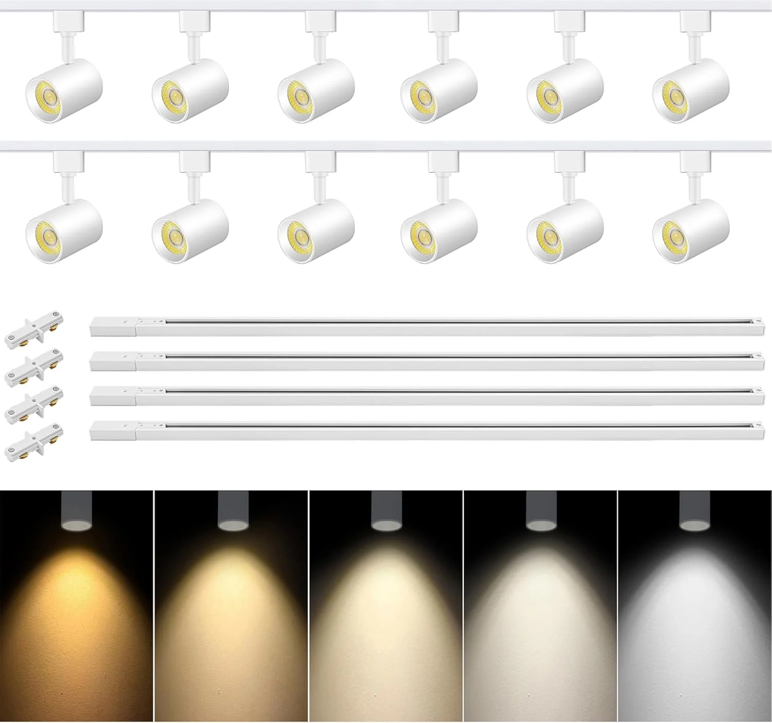 کیت نورپردازی ریلی LED با 12 چراغ و 5 رنگ، مناسب برای ریل های نوع H تا ارتفاع 4 متری، چراغ های LED دیمر دار، چراغ های ریلی مدرن آشپزخانه، نورافکن سقفی، CRI90+ 10W، 800 لومن، سفید