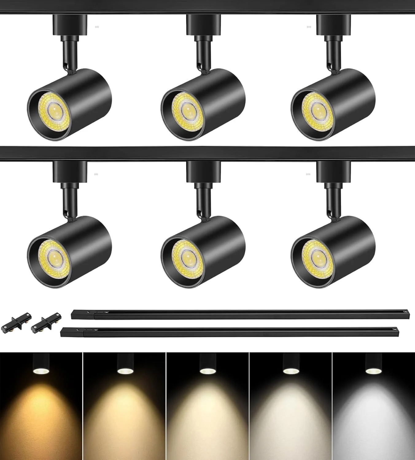 کیت نورپردازی ریلی ال ای دی VANoopee با ۵ رنگ و ۶ چراغ به همراه ریل H-Type به طول ۲ متر، چراغ های ریلی دیمر پذیر، چراغ سقفی روشن برای نورپردازی آشپزخانه، بدون سوسو زدن CRI90+ 10W 800lm مشکی