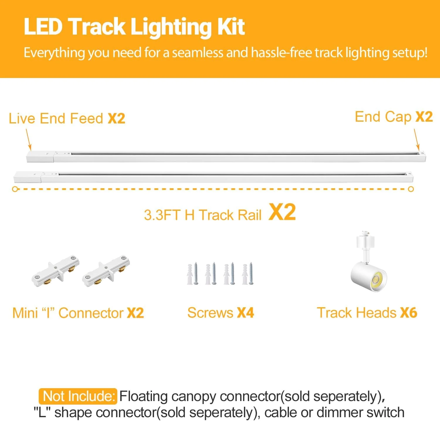 VANoopee - کیت روشنایی LED شش لامپه با 5 رنگ، دارای چراغ های ریلی 2 متری نوع H، چراغ های ریلی دیمر دار مدرن برای آشپزخانه، چراغ های سقفی نقطه ای، CRI90+ 10W، 800lm، سفید