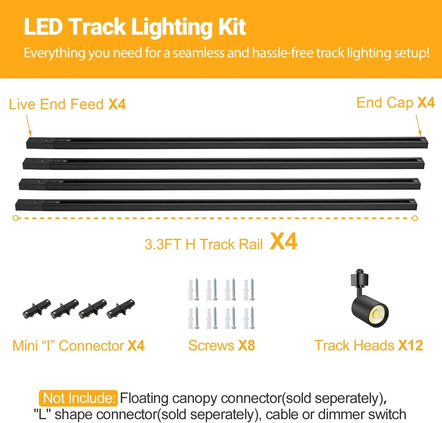 کیت نورپردازی ریلی ال ای دی 12 شعله VANoopee با ریل 4 متری نوع H، چراغ های ریلی ال ای دی دیمر پذیر، چراغ های ریلی مدرن آشپزخانه