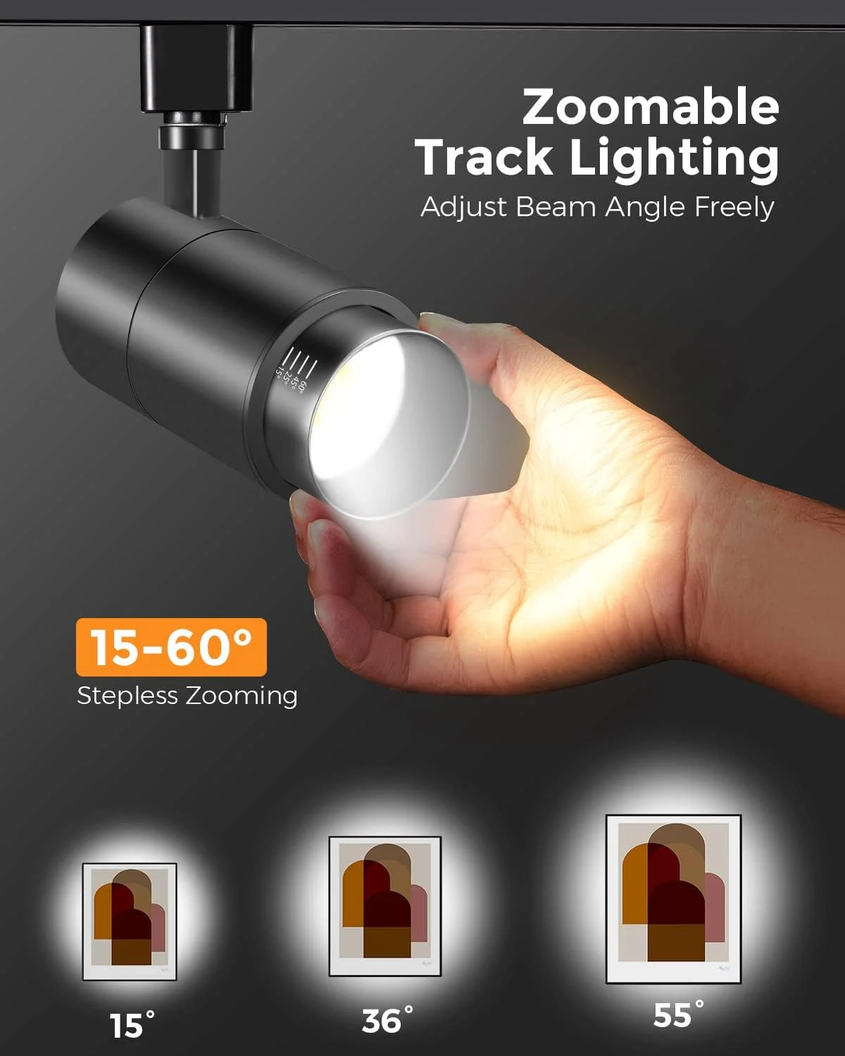 چراغ های ریلی LED زوم‌دار سه رنگ VANoopee، 20 وات، نوع H، چراغ های ریلی دیمرپذیر و روشن، چراغ سقفی برای آشپزخانه، 3000K 4000K 5000K قابل تنظیم، CRI90+، 15 تا 60 درجه، 2000 لومن، مشکی، بسته 4 عددی