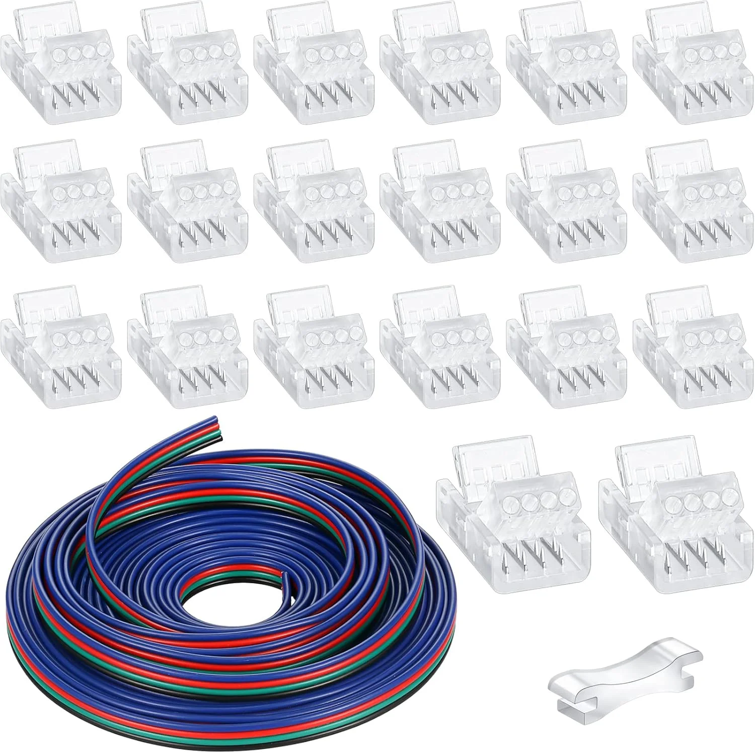 مجموعه 20 عددی اتصال دهنده نوار LED بدون لحیم 4 پین 10 میلی متری Zhengmy، اتصال دهنده های نورپردازی مسیر شفاف، به همراه نوار سیمی 5 متری LED و ابزار اهرمی اتصال دهنده برای 5050