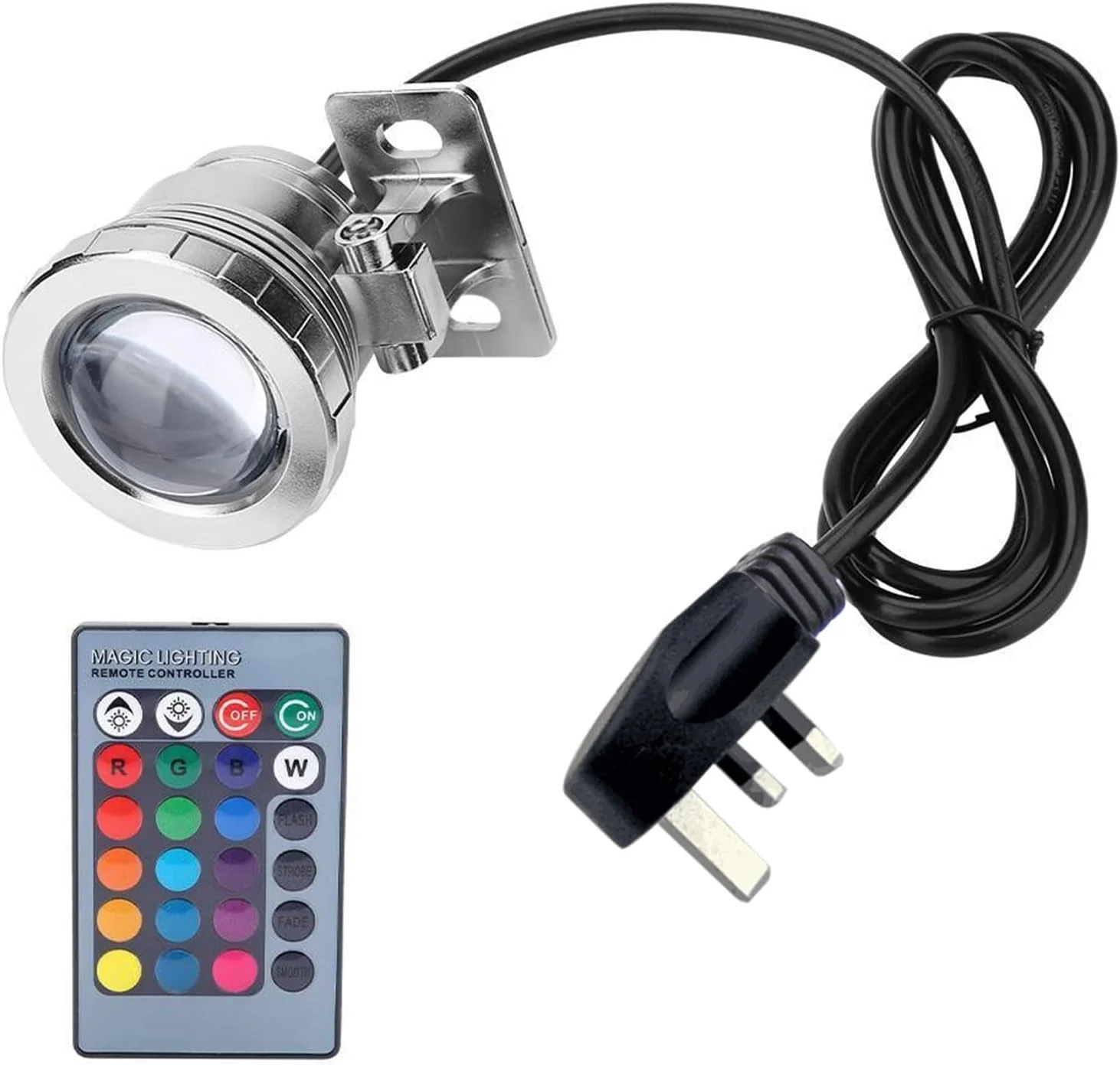 چراغ زیرآبی ال ای دی RGB با ولتاژ AC85-265V و توان 10 وات به همراه کنترل از راه دور، 16 رنگ، فلاش، استروب، محو شونده، حالت نرم و 4 جلوه نورپردازی، طراحی ضد آب IP65 (حداکثر 1 متر) مناسب برای آکواریوم و استخر