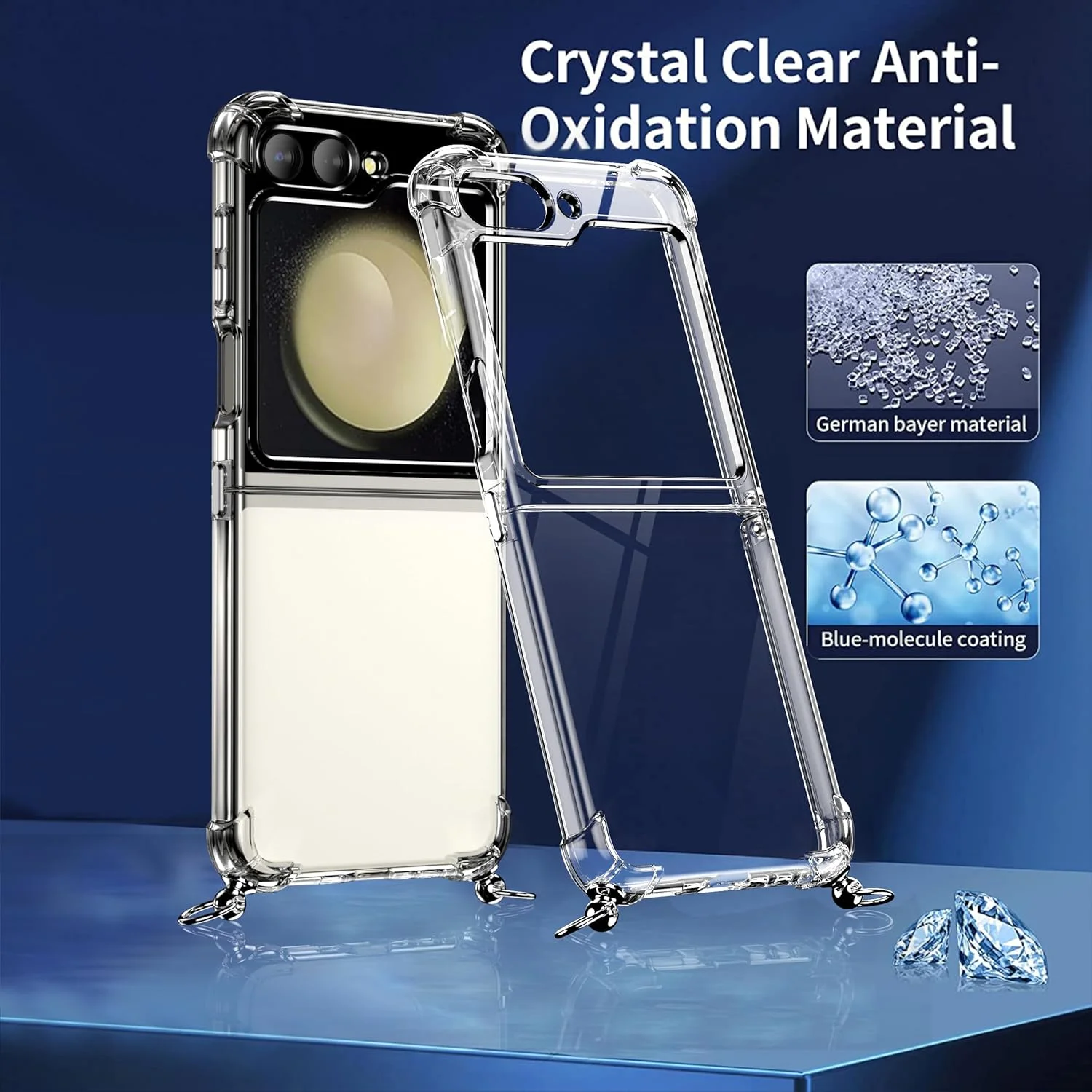 کیف محافظ گوشی موبایل به همراه زنجیر گردنی برای سامسونگ گلکسی زد فلیپ 5، [دارای لولای فلزی ضد افتادن] کیف موبایل گردنبندی با بند جداشدنی برای آویزان کردن، کیف محافظ سیلیکونی شفاف با بند مشکی