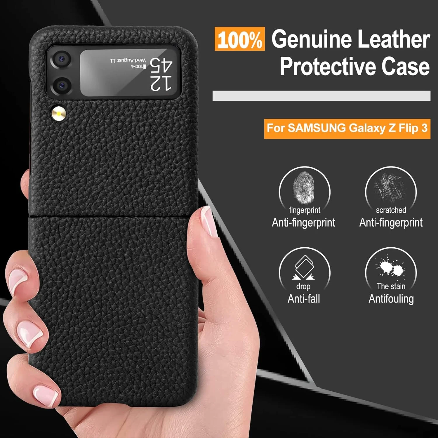 قاب گوشی موبایل YATWIN چرمی مناسب برای گوشی سامسونگ گلکسی Z Flip 3 5G، قاب محافظ چرمی بسیار نازک و بادوام برای گوشی سامسونگ گلکسی Z Flip 3 - مشکی