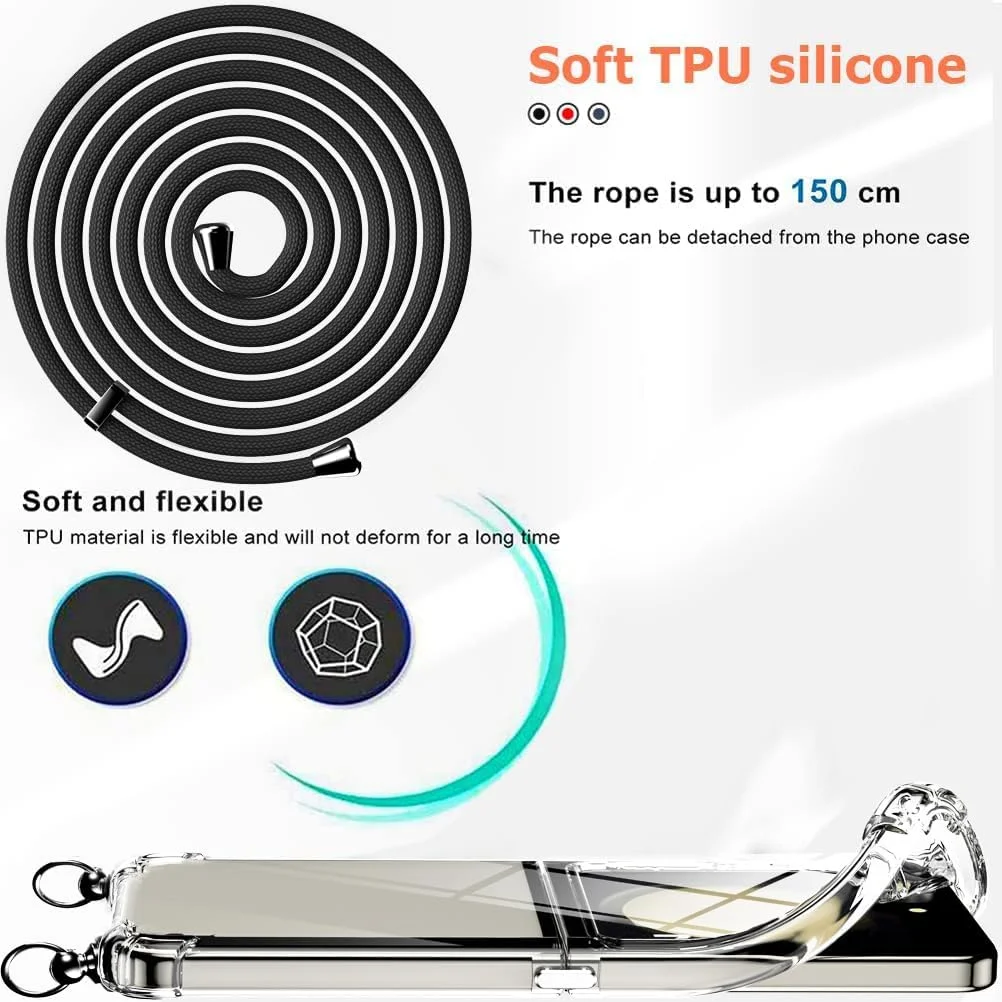 کیف محافظ گوشی موبایل به همراه زنجیر گردنی برای سامسونگ گلکسی زد فلیپ 5، [دارای لولای فلزی ضد افتادن] کیف موبایل گردنبندی با بند جداشدنی برای آویزان کردن، کیف محافظ سیلیکونی شفاف با بند مشکی
