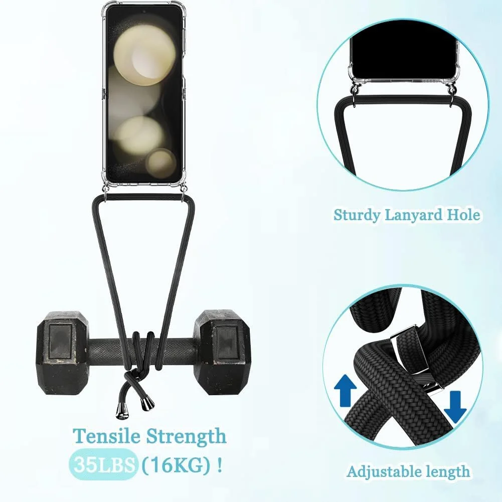 کیف محافظ گوشی موبایل به همراه زنجیر گردنی برای سامسونگ گلکسی زد فلیپ 5، [دارای لولای فلزی ضد افتادن] کیف موبایل گردنبندی با بند جداشدنی برای آویزان کردن، کیف محافظ سیلیکونی شفاف با بند مشکی