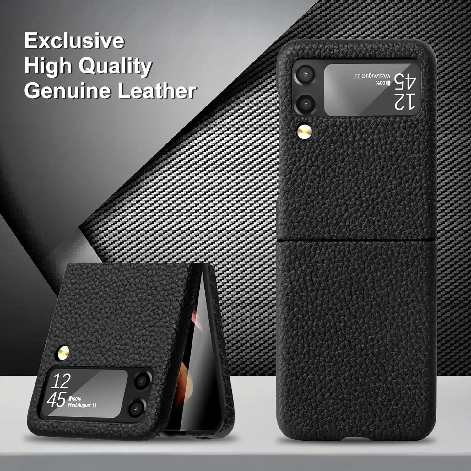 قاب گوشی موبایل YATWIN چرمی مناسب برای گوشی سامسونگ گلکسی Z Flip 3 5G، قاب محافظ چرمی بسیار نازک و بادوام برای گوشی سامسونگ گلکسی Z Flip 3 - مشکی