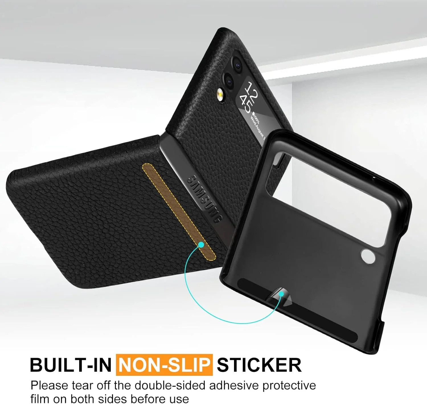 قاب گوشی موبایل YATWIN چرمی مناسب برای گوشی سامسونگ گلکسی Z Flip 3 5G، قاب محافظ چرمی بسیار نازک و بادوام برای گوشی سامسونگ گلکسی Z Flip 3 - مشکی