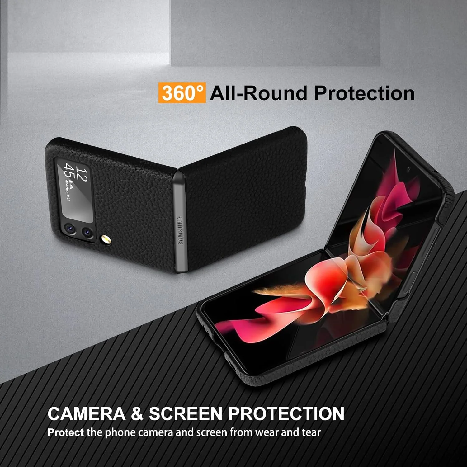 قاب گوشی موبایل YATWIN چرمی مناسب برای گوشی سامسونگ گلکسی Z Flip 3 5G، قاب محافظ چرمی بسیار نازک و بادوام برای گوشی سامسونگ گلکسی Z Flip 3 - مشکی