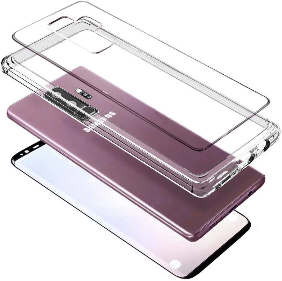 کاور TPU ضد ضربه برای گوشی سامسونگ گلکسی S9 پلاس به همراه محافظ صفحه نمایش شیشه ای حرارت دیده، بامپر TPU نرم، پشت PC سخت، شفاف