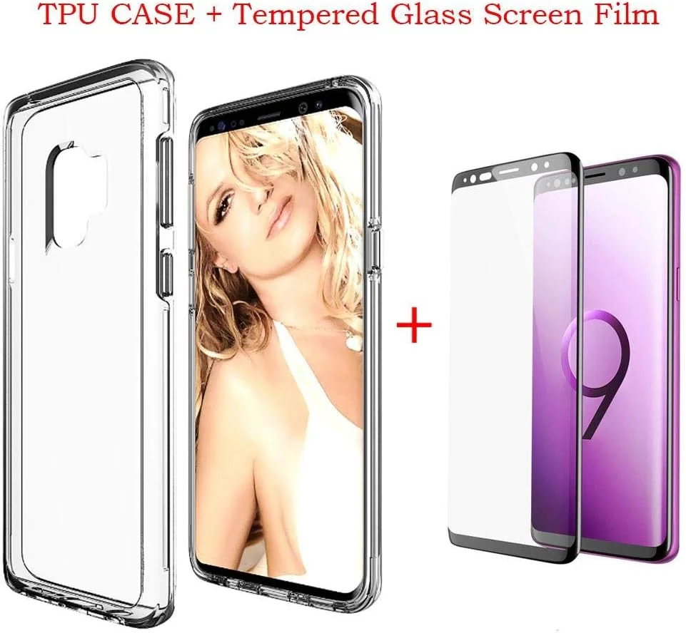 کاور TPU ضد ضربه برای گوشی سامسونگ گلکسی S9 پلاس به همراه محافظ صفحه نمایش شیشه ای حرارت دیده، بامپر TPU نرم، پشت PC سخت، شفاف