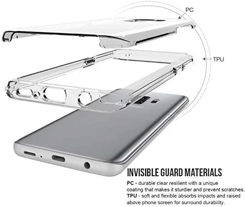 کاور TPU ضد ضربه برای گوشی سامسونگ گلکسی S9 پلاس به همراه محافظ صفحه نمایش شیشه ای حرارت دیده، بامپر TPU نرم، پشت PC سخت، شفاف