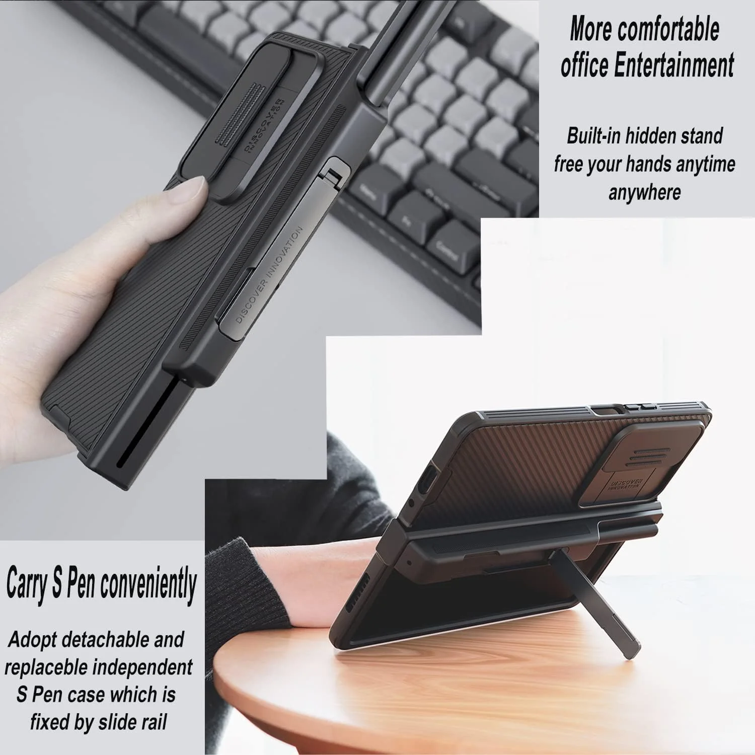 قاب محافظ گوشی سامسونگ گلکسی زد فولد 4 به همراه جای قلم و محافظ لنز کشویی و محافظ صفحه نمایش و استند (مشکی به همراه قلم) قاب محافظ گوشی سامسونگ گلکسی زد فولد 4 به همراه جای قلم و محافظ لنز کشویی و محافظ صفحه نمایش و استند (مشکی به همراه قلم)