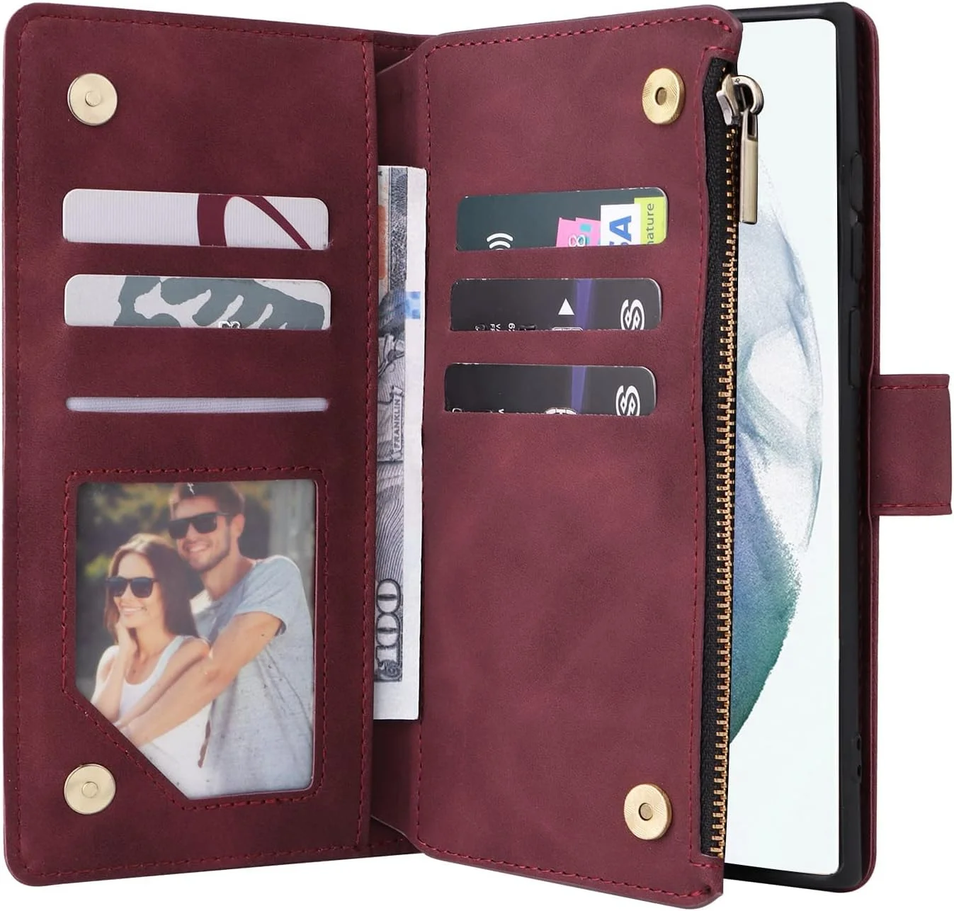 کیف پول موبایل MAKINGTEC با جای کارت برای سامسونگ گلکسی S22 Ultra، کیف چرمی نرم PU زیپ دار با بند مچی، کاور محافظ تلفن 2 در 1 (قرمز شرابی - 6.8 اینچ) کیف پول موبایل MAKINGTEC با جای کارت برای سامسونگ گلکسی S22 Ultra، کیف چرمی نرم PU زیپ دار با بند مچی، کاور محافظ تلفن 2 در 1 (قرمز شرابی - 6.8 اینچ)