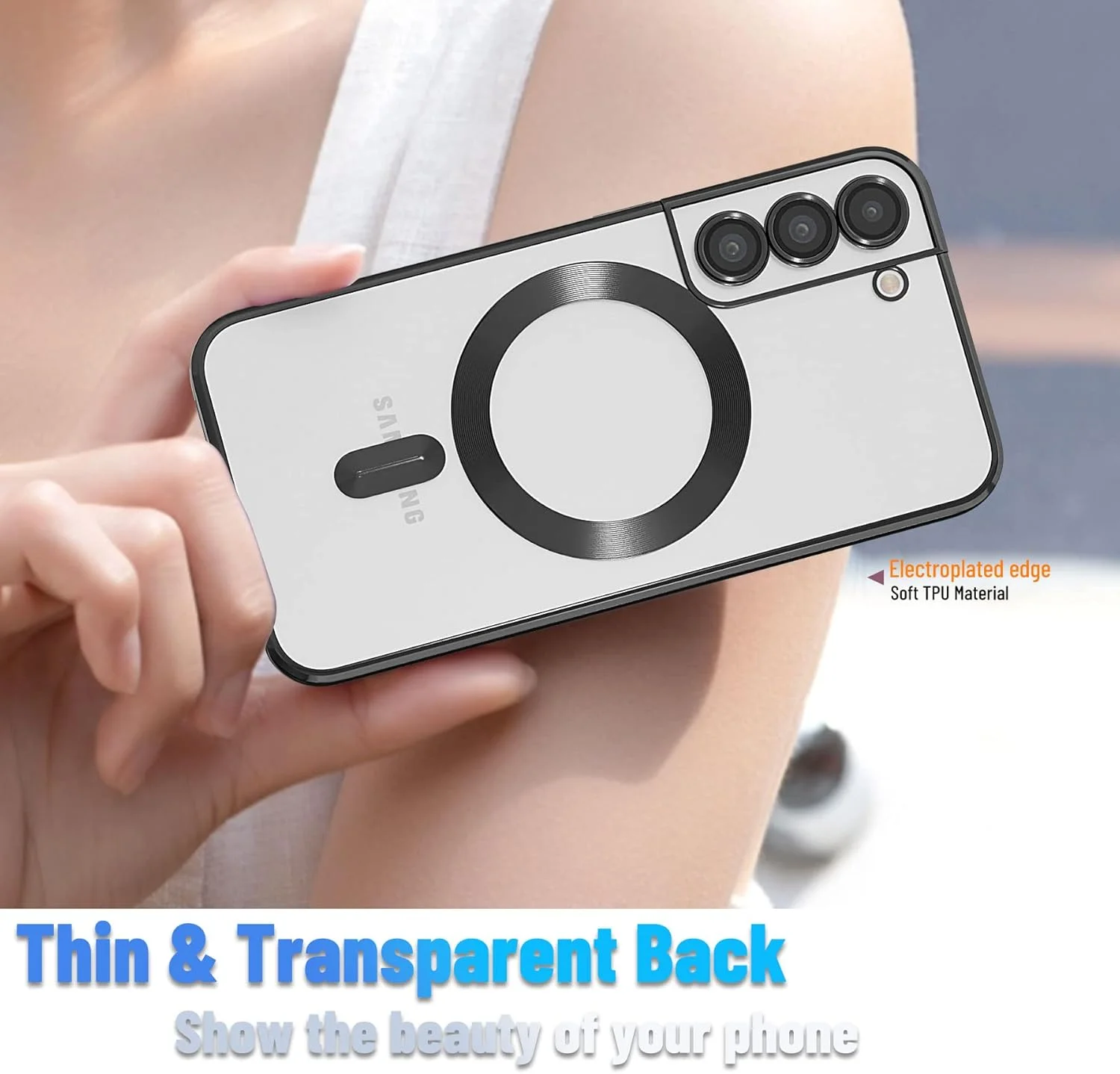 قاب محافظ آهنربایی برای گوشی سامسونگ گلکسی S21، قاب باریک شفاف با روکش الکتریکی و محافظت از دوربین، ضد ضربه با لبه مشکی قاب محافظ آهنربایی برای گوشی سامسونگ گلکسی S21، قاب باریک شفاف با روکش الکتریکی و محافظت از دوربین، ضد ضربه با لبه مشکی