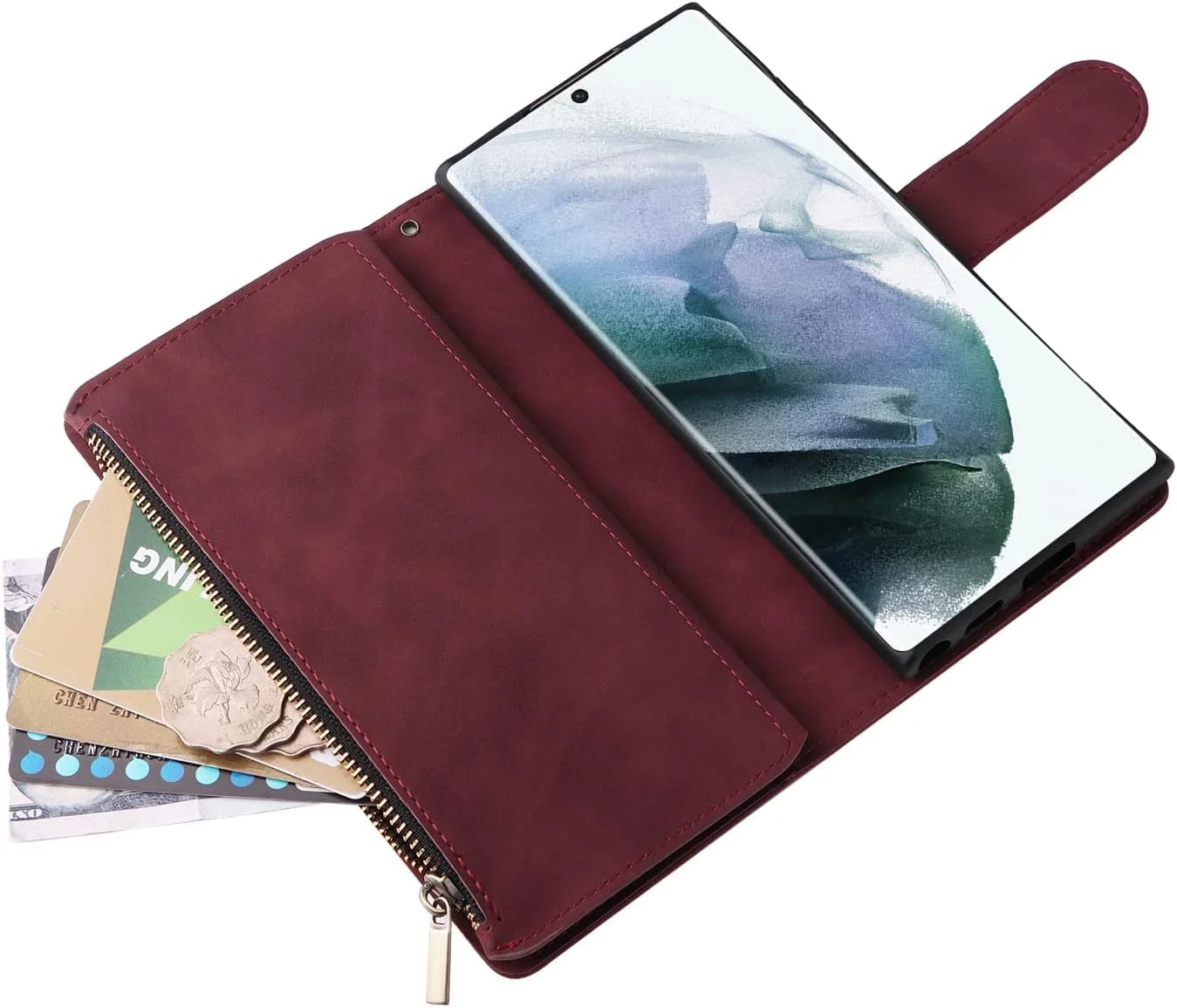 کیف پول موبایل MAKINGTEC با جای کارت برای سامسونگ گلکسی S22 Ultra، کیف چرمی نرم PU زیپ دار با بند مچی، کاور محافظ تلفن 2 در 1 (قرمز شرابی - 6.8 اینچ) کیف پول موبایل MAKINGTEC با جای کارت برای سامسونگ گلکسی S22 Ultra، کیف چرمی نرم PU زیپ دار با بند مچی، کاور محافظ تلفن 2 در 1 (قرمز شرابی - 6.8 اینچ)