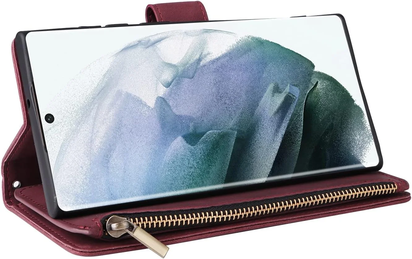 کیف پول موبایل MAKINGTEC با جای کارت برای سامسونگ گلکسی S22 Ultra، کیف چرمی نرم PU زیپ دار با بند مچی، کاور محافظ تلفن 2 در 1 (قرمز شرابی - 6.8 اینچ) کیف پول موبایل MAKINGTEC با جای کارت برای سامسونگ گلکسی S22 Ultra، کیف چرمی نرم PU زیپ دار با بند مچی، کاور محافظ تلفن 2 در 1 (قرمز شرابی - 6.8 اینچ)