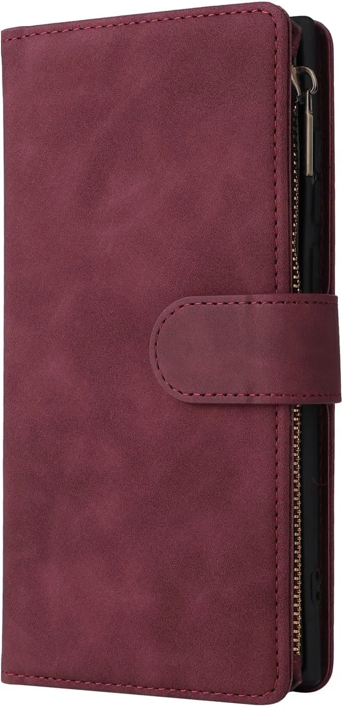 کیف پول موبایل MAKINGTEC با جای کارت برای سامسونگ گلکسی S22 Ultra، کیف چرمی نرم PU زیپ دار با بند مچی، کاور محافظ تلفن 2 در 1 (قرمز شرابی - 6.8 اینچ) کیف پول موبایل MAKINGTEC با جای کارت برای سامسونگ گلکسی S22 Ultra، کیف چرمی نرم PU زیپ دار با بند مچی، کاور محافظ تلفن 2 در 1 (قرمز شرابی - 6.8 اینچ)