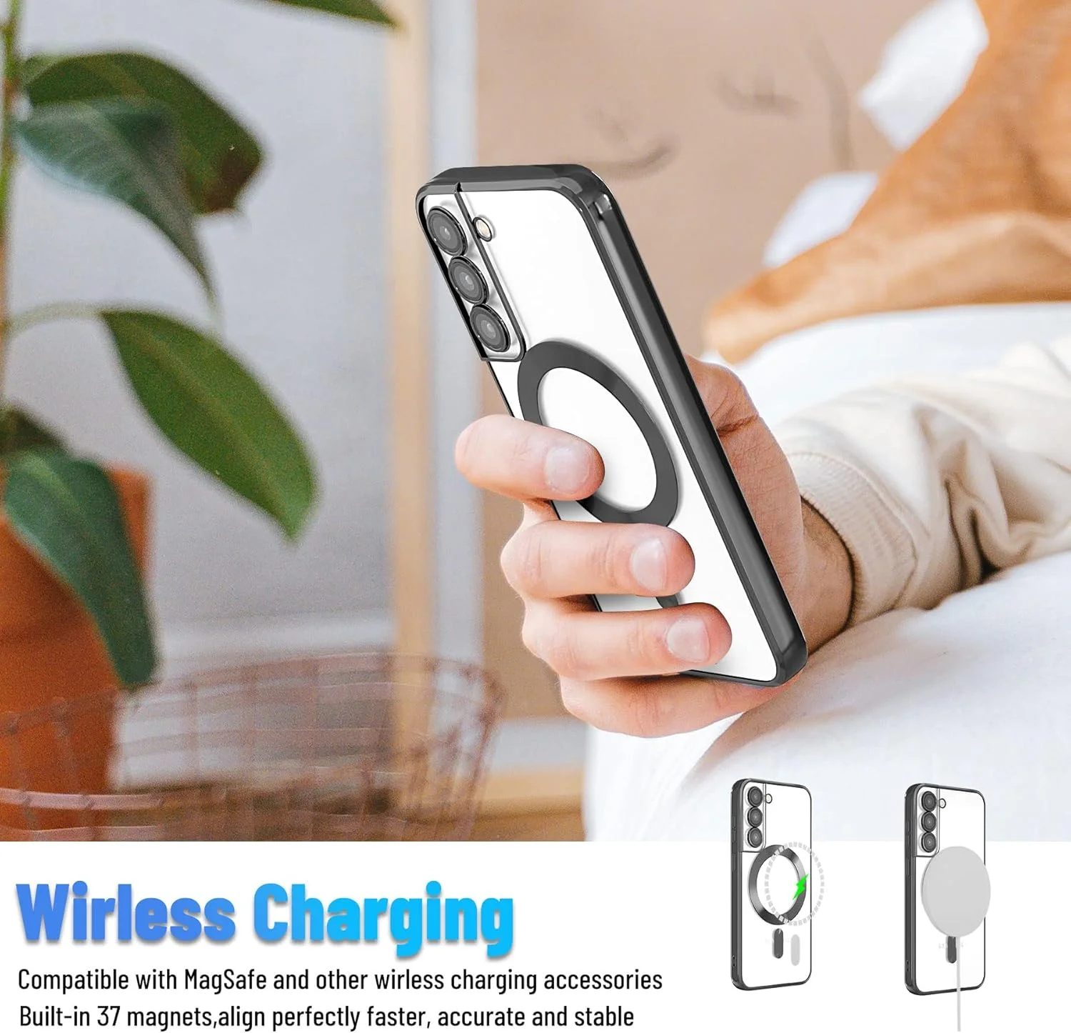 قاب محافظ آهنربایی برای گوشی سامسونگ گلکسی S21، قاب باریک شفاف با روکش الکتریکی و محافظت از دوربین، ضد ضربه با لبه مشکی قاب محافظ آهنربایی برای گوشی سامسونگ گلکسی S21، قاب باریک شفاف با روکش الکتریکی و محافظت از دوربین، ضد ضربه با لبه مشکی