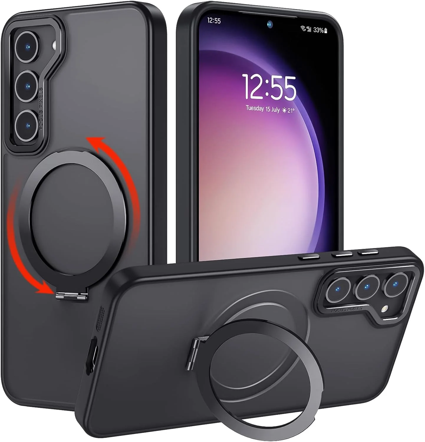 قاب گوشی سامسونگ گلکسی S23 FE، کاور با پایه حلقه ای مغناطیسی چرخان 360 درجه، محافظ ضربه گیر TPU، سازگار با MagSafe، روکش پشتی مات ضد اثر انگشت