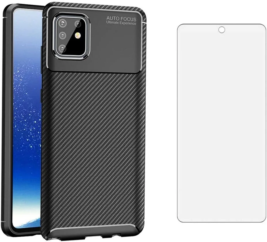قاب گوشی برای سامسونگ گلکسی نوت 10 لایت به همراه محافظ صفحه نمایش شیشه ای و لوازم جانبی موبایل، باریک، مقاوم، سیلیکونی TPU نرم با فیبر کربن، مناسب برای گلکسی A81، گلکسی M60S، N770F، مشکی