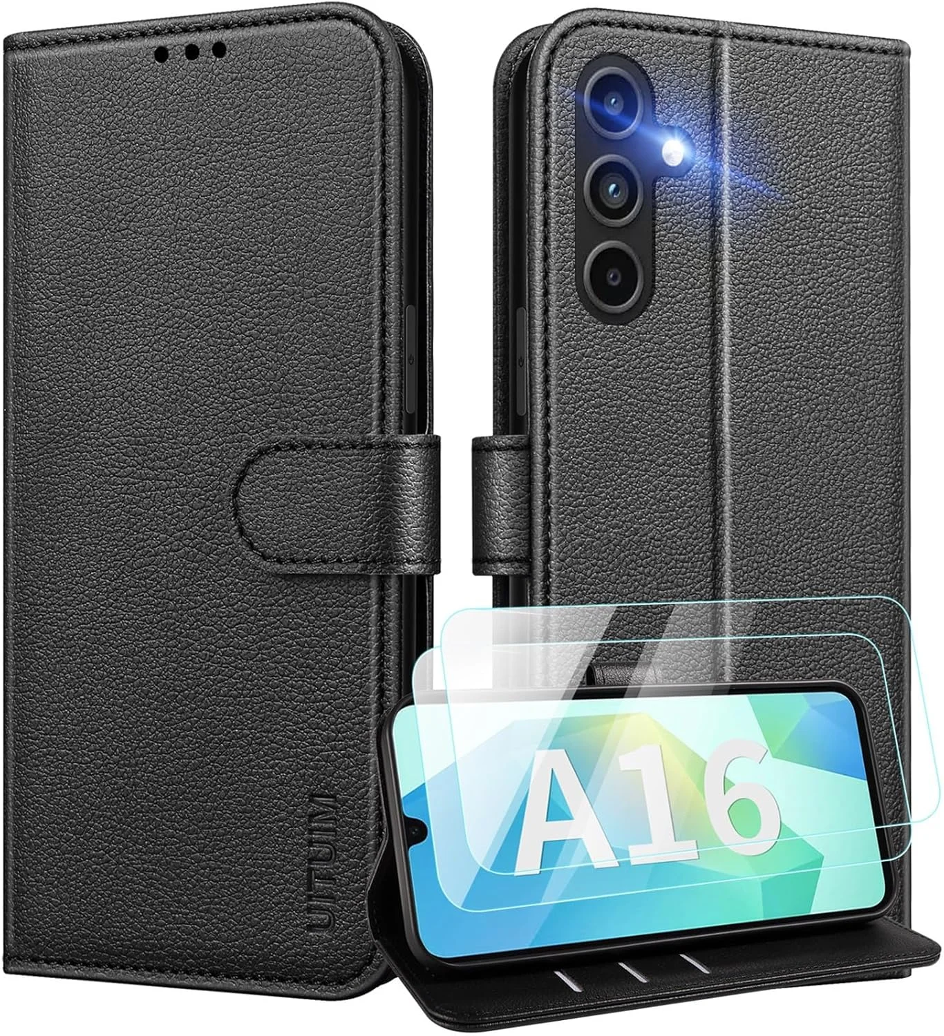 کیف چرمی تاشو گوشی موبایل سامسونگ گلکسی A16 5G/4G به همراه 2 محافظ صفحه شیشه ای، کیف تاشو، کیف محافظ سامسونگ A16 5G/4G، مشکی