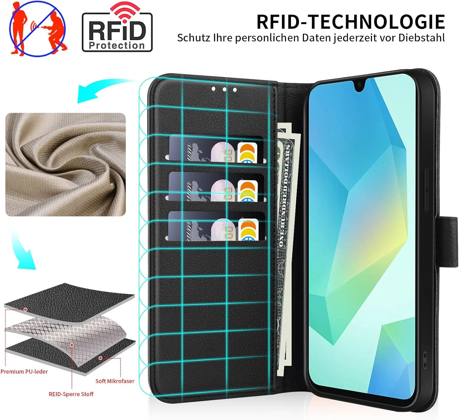 کیف چرمی تاشو گوشی موبایل سامسونگ گلکسی A16 5G/4G به همراه 2 محافظ صفحه شیشه ای، کیف تاشو، کیف محافظ سامسونگ A16 5G/4G، مشکی کیف چرمی تاشو گوشی موبایل سامسونگ گلکسی A16 5G/4G به همراه 2 محافظ صفحه شیشه ای، کیف تاشو، کیف محافظ سامسونگ A16 5G/4G، مشکی