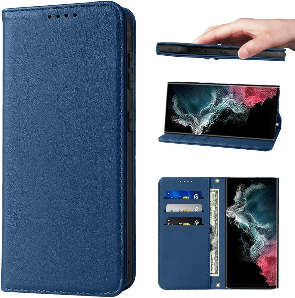 کیف پول LANJLM مناسب برای گوشی سامسونگ گلکسی S22 Ultra، جلد چرمی PU ممتاز، طراحی کتابی با بست مغناطیسی مقاوم در برابر ضربه، دارای پایه و جای کارت - آبی کیف پول LANJLM مناسب برای گوشی سامسونگ گلکسی S22 Ultra، جلد چرمی PU ممتاز، طراحی کتابی با بست مغناطیسی مقاوم در برابر ضربه، دارای پایه و جای کارت - آبی