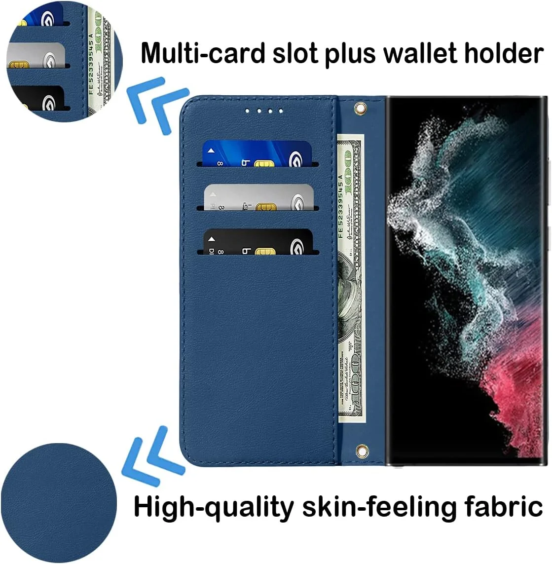 کیف پول LANJLM مناسب برای گوشی سامسونگ گلکسی S22 Ultra، جلد چرمی PU ممتاز، طراحی کتابی با بست مغناطیسی مقاوم در برابر ضربه، دارای پایه و جای کارت - آبی کیف پول LANJLM مناسب برای گوشی سامسونگ گلکسی S22 Ultra، جلد چرمی PU ممتاز، طراحی کتابی با بست مغناطیسی مقاوم در برابر ضربه، دارای پایه و جای کارت - آبی
