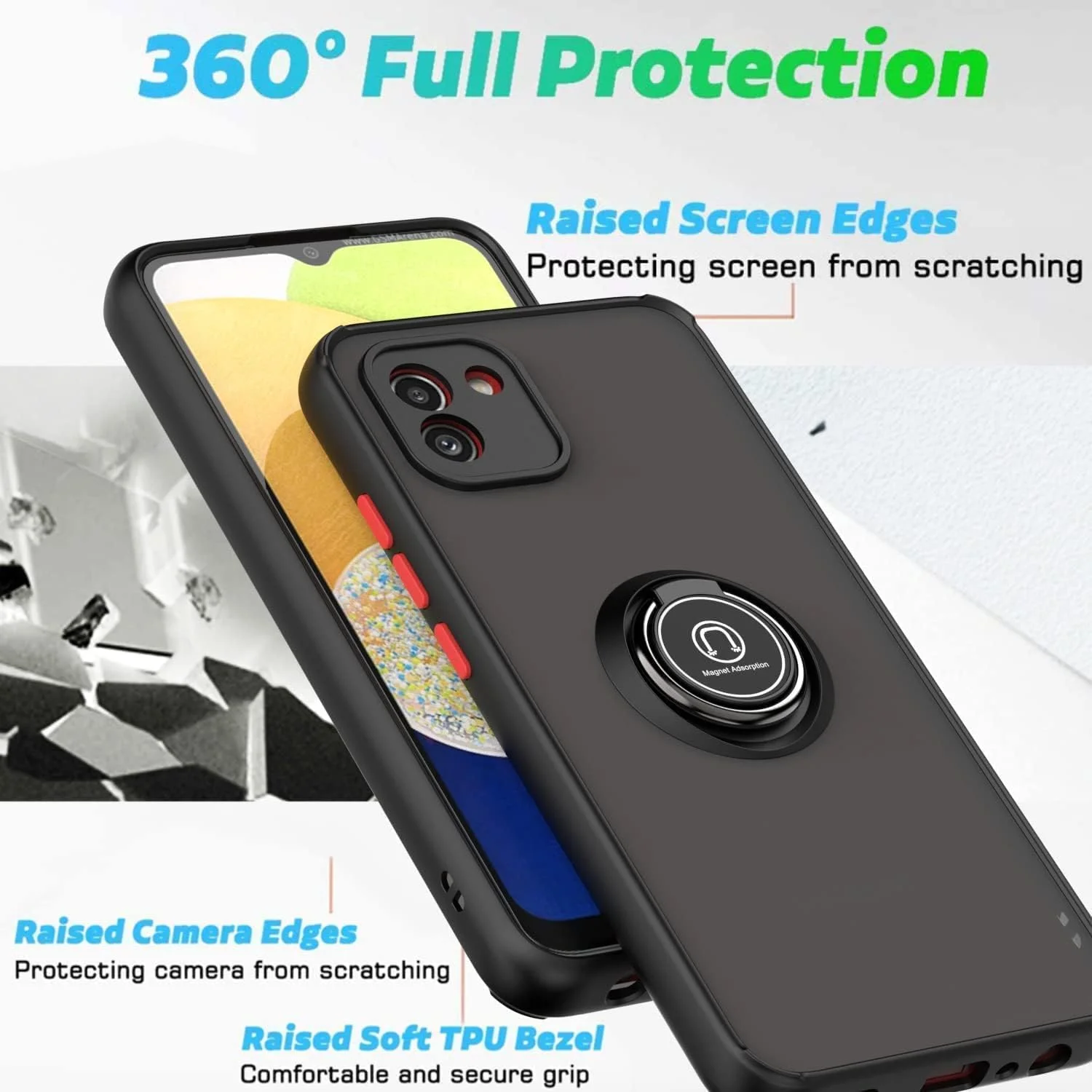کاور سیلیکونی انعطاف پذیر Muzz برای گوشی سامسونگ گلکسی A03، محافظ دوربین، نازک، نیمه شفاف، ضد ضربه، قاب پشتی مات با حلقه مغناطیسی چرخان 360 درجه مناسب برای هولدر ماشین، مخصوص سامسونگ A03 (مشکی)
