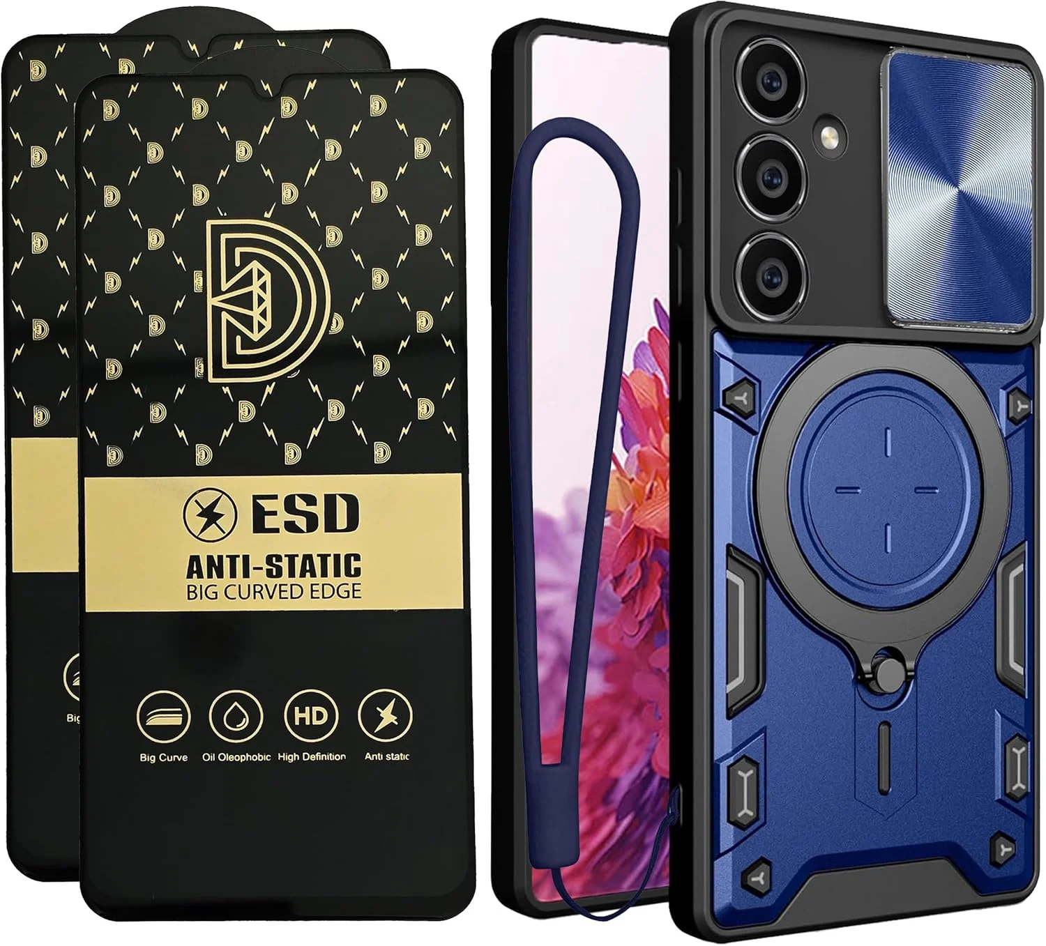 قاب گوشی سامسونگ گلکسی A56 5G با بند سیلیکونی، محافظ صفحه نمایش سامسونگ A56 [دو عدد]، محافظت در برابر سقوط، پایه فلزی، کاور A56 5G با حلقه مغناطیسی (آبی، A56 + شیشه (2 عدد))