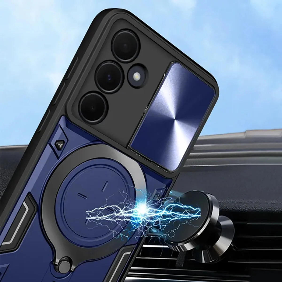 قاب گوشی سامسونگ گلکسی A56 5G با بند سیلیکونی، محافظ صفحه نمایش سامسونگ A56 [دو عدد]، محافظت در برابر سقوط، پایه فلزی، کاور A56 5G با حلقه مغناطیسی (آبی، A56 + شیشه (2 عدد))