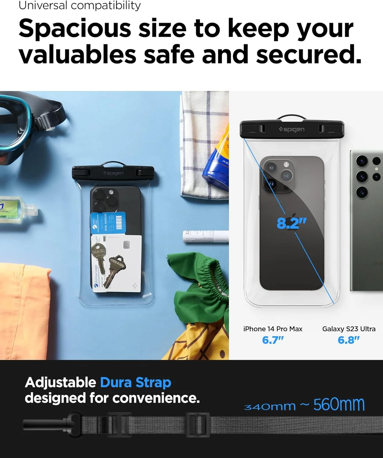 کیف ضد آب گوشی موبایل Spigen Aqua Shield تا سایز 8.2 اینچ، [خیلی بزرگ] کاور ضد آب IPX8 مناسب شنا، اسکی، برف برای آیفون 16 15 14 13 پرو مکس، سامسونگ S25 S24 Ultra، پیکسل و سایر گوشی ها - شفاف