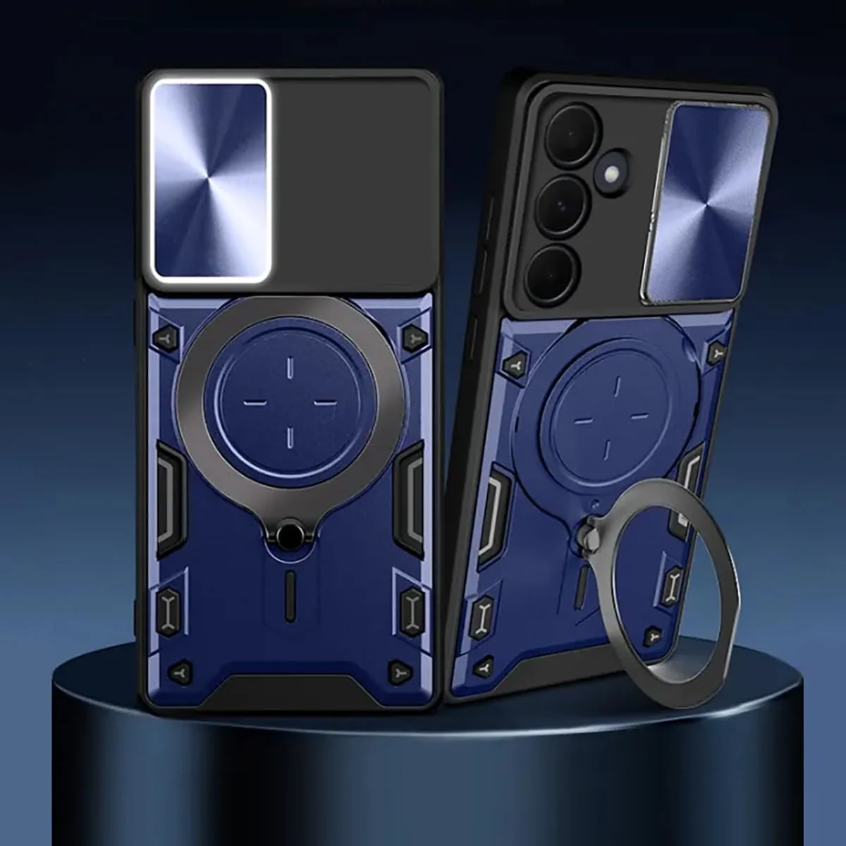قاب گوشی سامسونگ گلکسی A56 5G با بند سیلیکونی، محافظ صفحه نمایش سامسونگ A56 [دو عدد]، محافظت در برابر سقوط، پایه فلزی، کاور A56 5G با حلقه مغناطیسی (آبی، A56 + شیشه (2 عدد))
