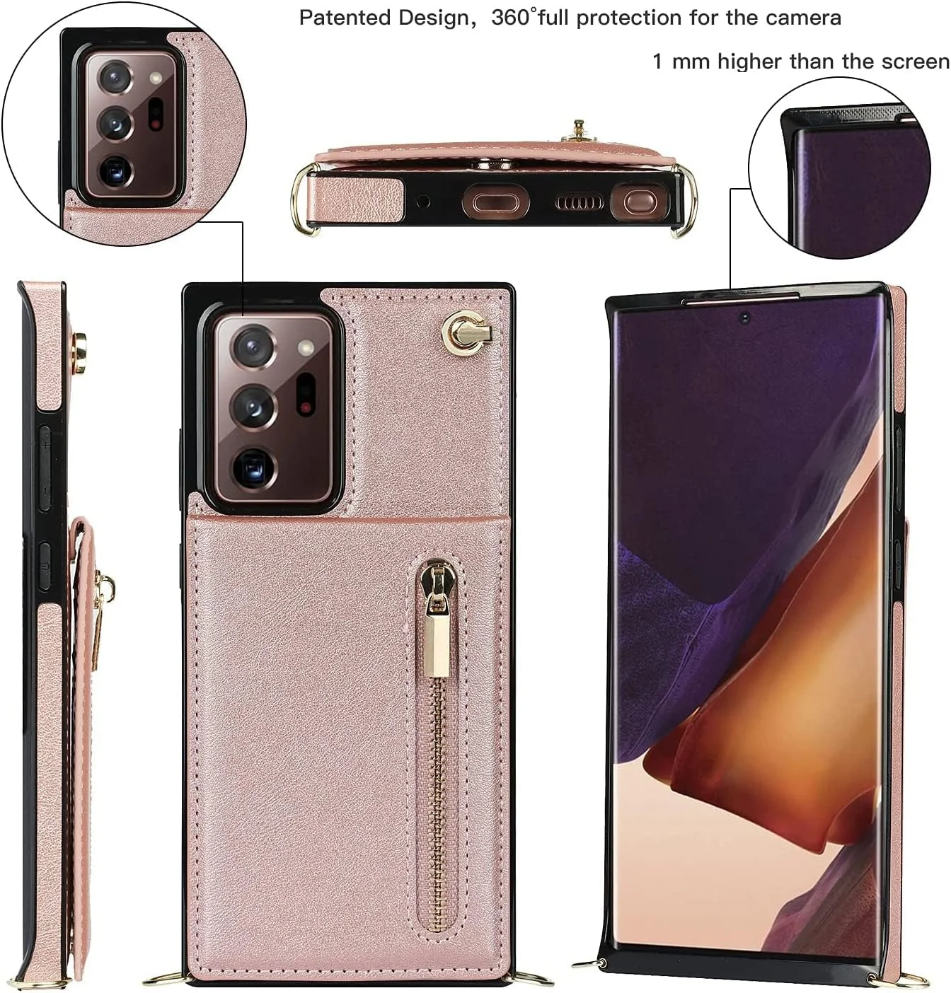 کاور گوشی سامسونگ گلکسی نوت 20 اولترا 6.9 اینچ، کیف پول زیپ دار محافظ ضد ضربه با بند شانه ای شیک (رزگلد) کاور گوشی سامسونگ گلکسی نوت 20 اولترا 6.9 اینچ، کیف پول زیپ دار محافظ ضد ضربه با بند شانه ای شیک (رزگلد)