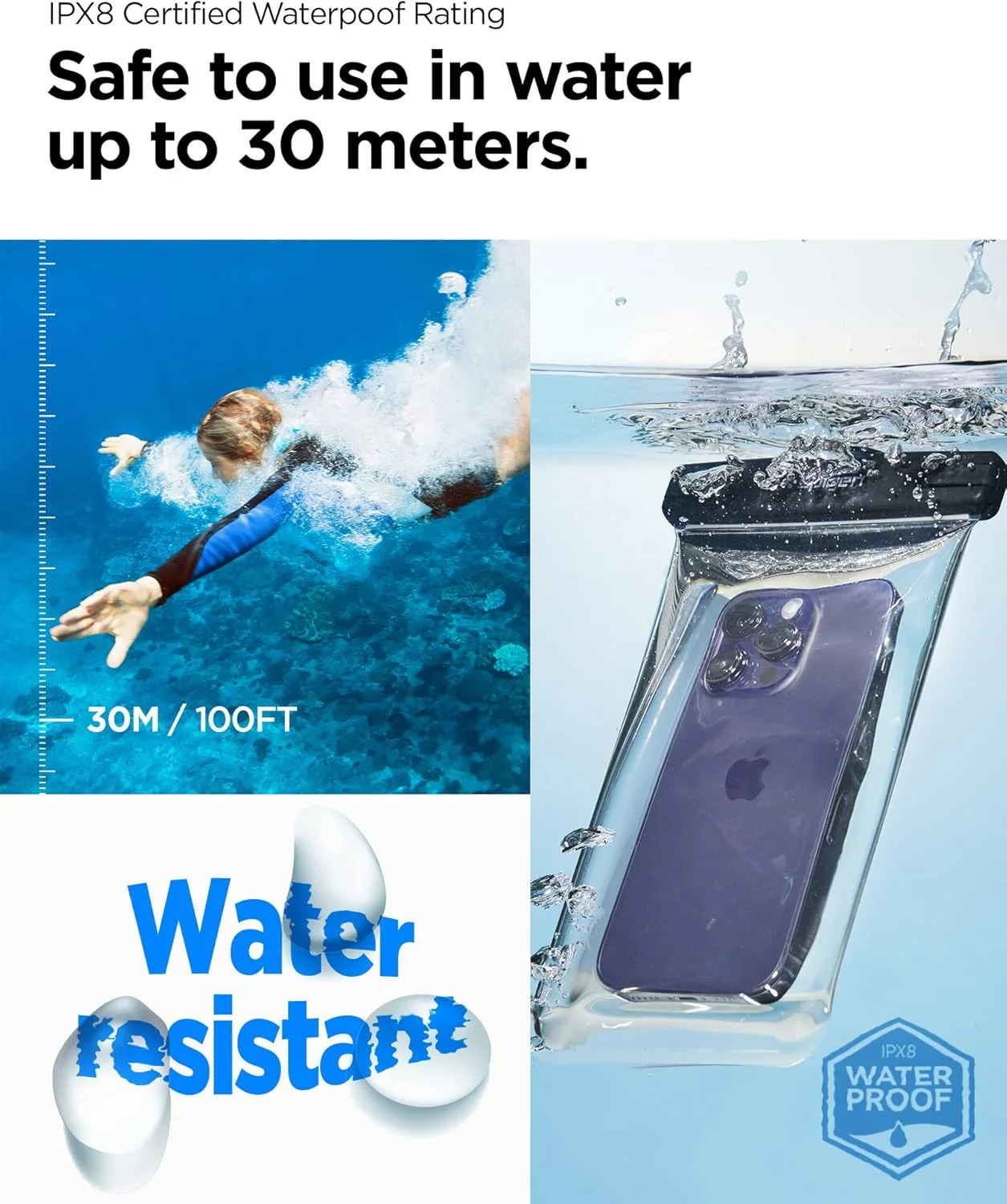 کیف ضد آب گوشی موبایل Spigen Aqua Shield تا سایز 8.2 اینچ، [خیلی بزرگ] کاور ضد آب IPX8 مناسب شنا، اسکی، برف برای آیفون 16 15 14 13 پرو مکس، سامسونگ S25 S24 Ultra، پیکسل و سایر گوشی ها - شفاف