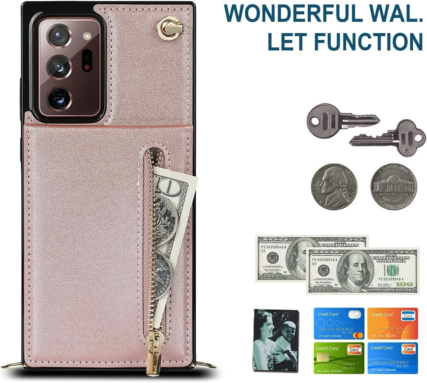 کاور گوشی سامسونگ گلکسی نوت 20 اولترا 6.9 اینچ، کیف پول زیپ دار محافظ ضد ضربه با بند شانه ای شیک (رزگلد) کاور گوشی سامسونگ گلکسی نوت 20 اولترا 6.9 اینچ، کیف پول زیپ دار محافظ ضد ضربه با بند شانه ای شیک (رزگلد)