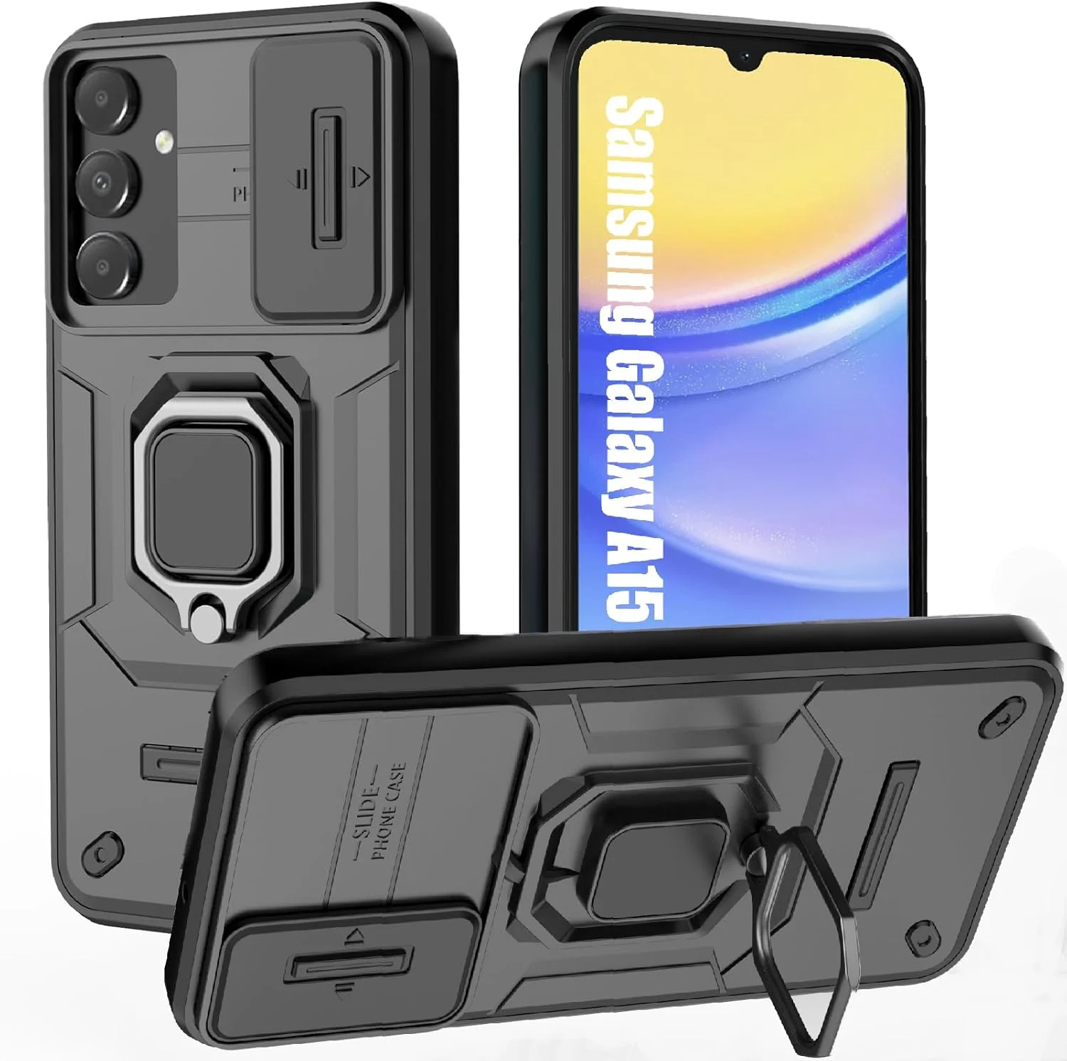 قاب گوشی سامسونگ A15، قاب گوشی سامسونگ گلکسی A15 با [محافظ کشویی دوربین] [حلقه چرخان 360 درجه] قاب محافظ ضد ضربه و مقاوم برای پوشش سامسونگ A15، مشکی