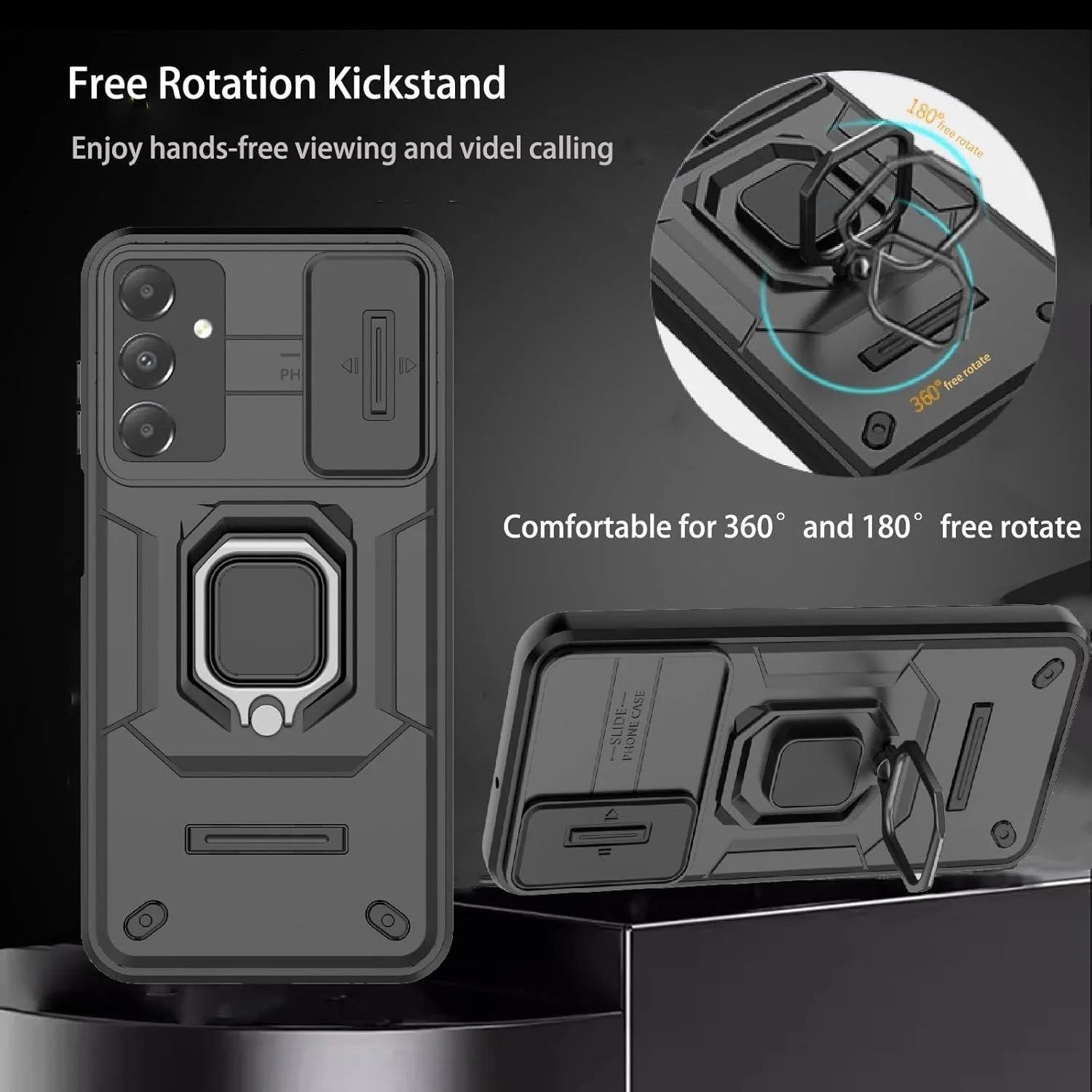 قاب گوشی سامسونگ A15، قاب گوشی سامسونگ گلکسی A15 با [محافظ کشویی دوربین] [حلقه چرخان 360 درجه] قاب محافظ ضد ضربه و مقاوم برای پوشش سامسونگ A15، مشکی