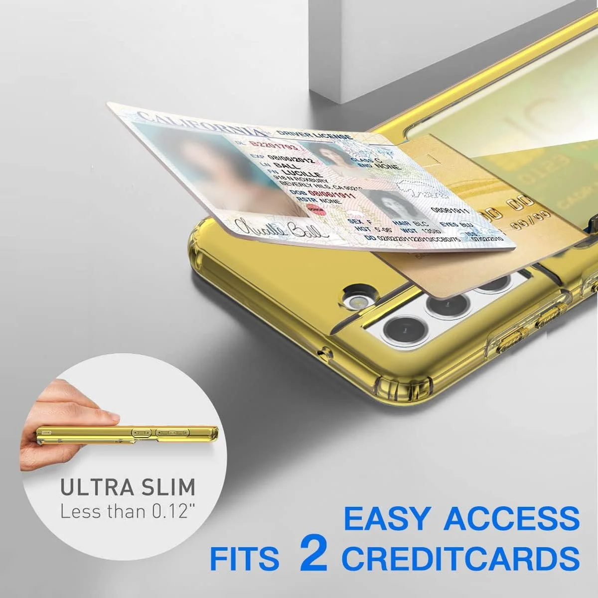 کاور محافظ گوشی سامسونگ گلکسی S21 FE 5G، شفاف، باریک، ضد ضربه، دارای جای کارت (شفاف/زرد)