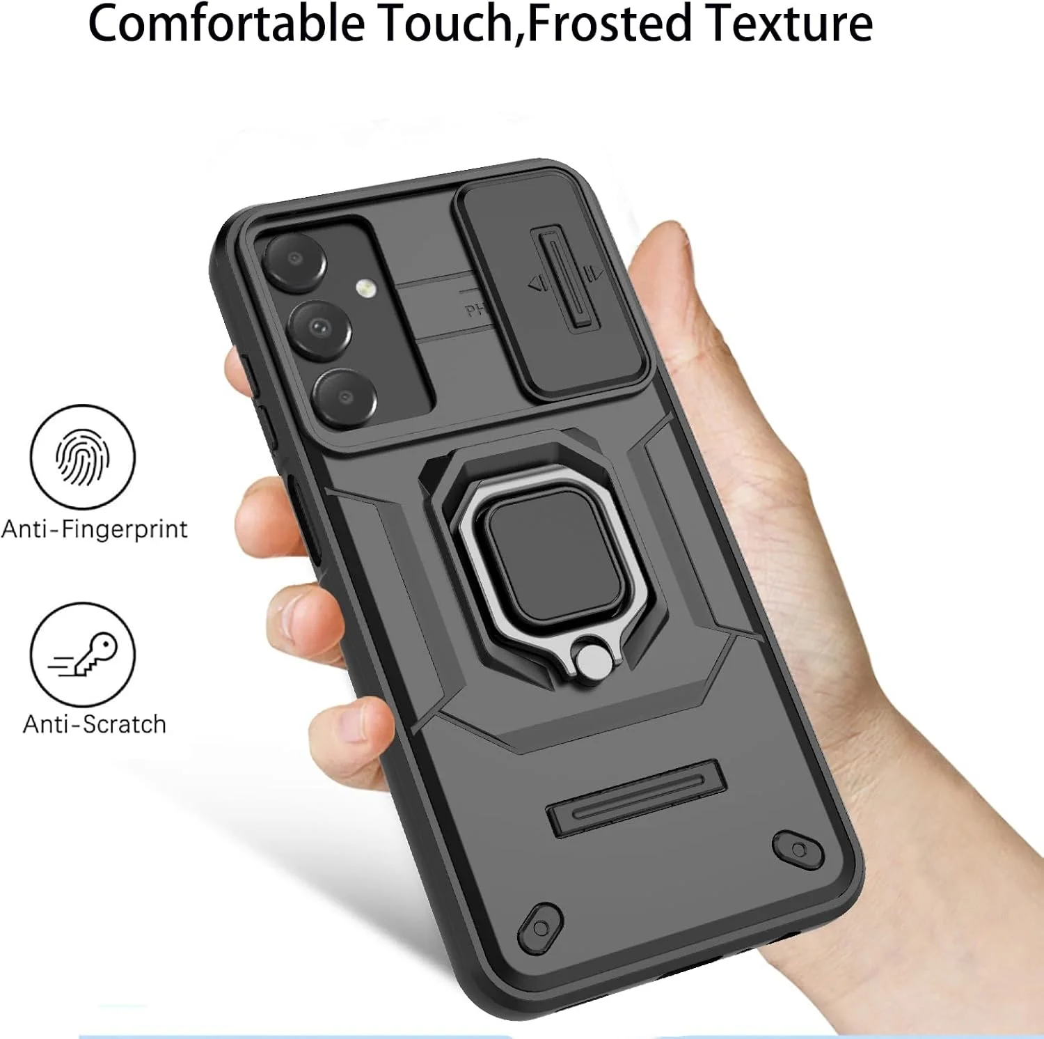 قاب گوشی سامسونگ A15، قاب گوشی سامسونگ گلکسی A15 با [محافظ کشویی دوربین] [حلقه چرخان 360 درجه] قاب محافظ ضد ضربه و مقاوم برای پوشش سامسونگ A15، مشکی