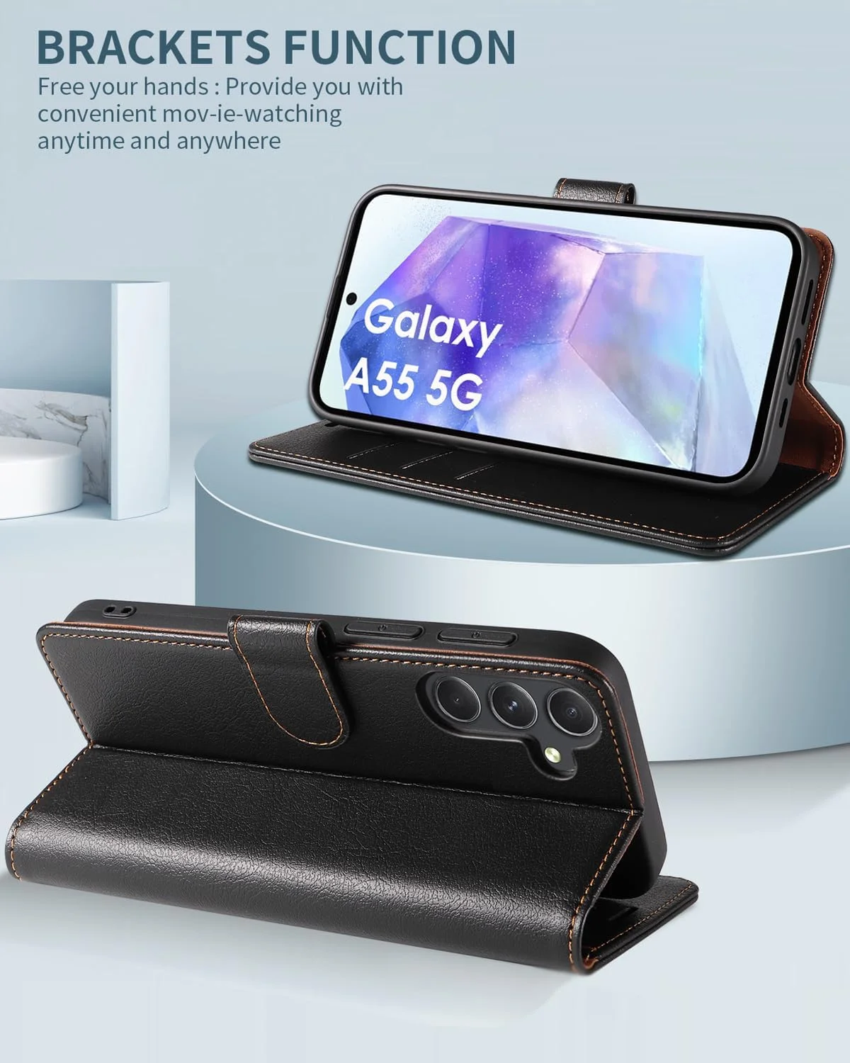 کیف کاور چرمی تاشو Kazineer برای گوشی سامسونگ گلکسی A55 5G، دارای محافظت RFID (مشکی)